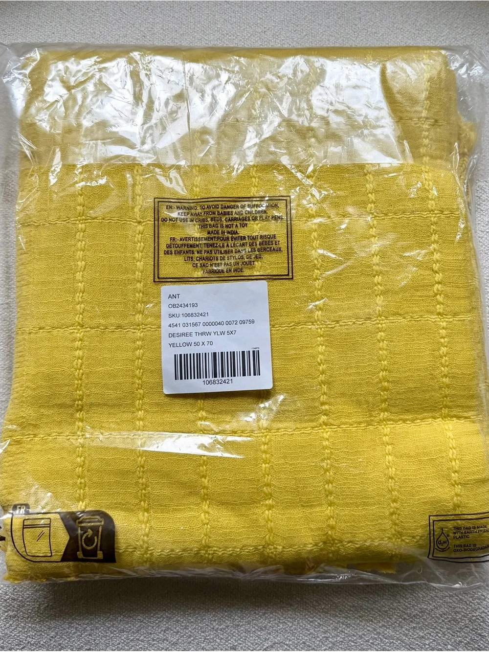 Anthropologie Desiree Cotton Windowpane Patch Throw Blanket 50x70 Yellow NWT
